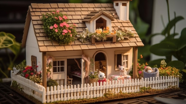 Una casa en miniatura con un jardín en el techo