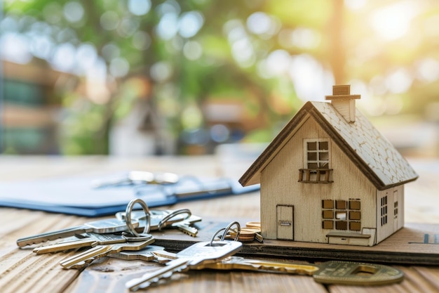 Casa en miniatura y llaves en la mesa representación conceptual de la compra de bienes raíces