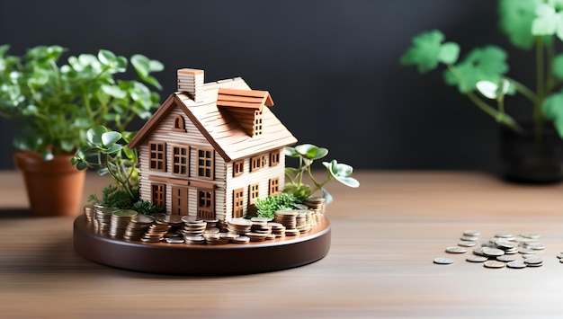 una casa en miniatura y monedas se colocan sobre una mesa