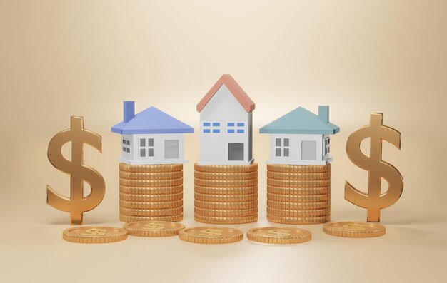 Casa en miniatura en monedas de pila utilizando como representación 3D de concepto de propiedad y negocio