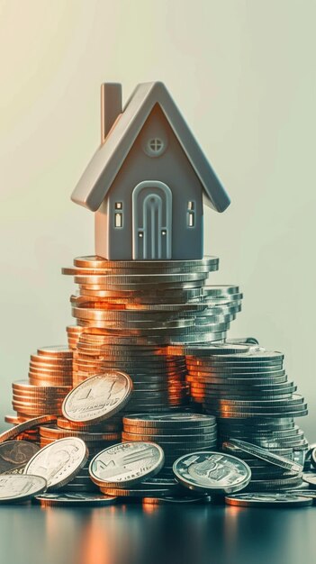La casa en miniatura en la parte superior de las monedas simboliza el concepto de inversión inmobiliaria Vertical Mobile Wallpaper