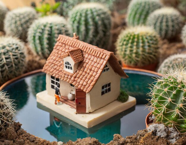 casa en miniatura y un pequeño estanque hecho por un hombre entre cactus