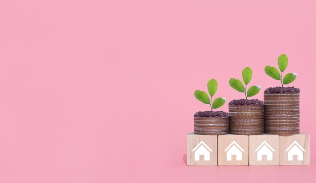 Foto casa en miniatura y plantas que crecen en una pila de monedas el concepto de ahorrar dinero para la casa inversión inmobiliaria hipoteca de la casa inmobiliaria