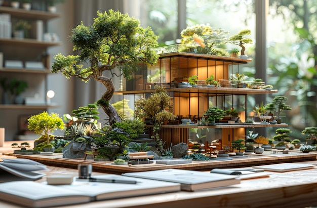 Casa en miniatura Árbol Bonsai y bonsai en la mesa