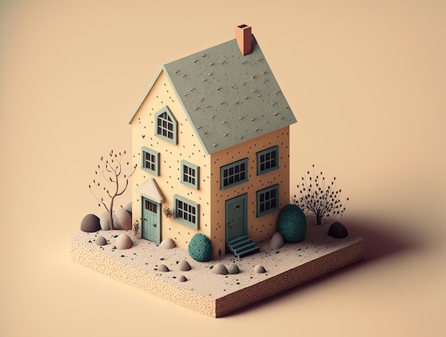 Casa en miniatura sobre fondo beige, generada por IA.