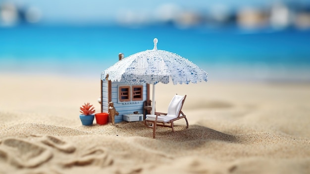 Foto casa en miniatura y sombrilla en la playagenerative ai