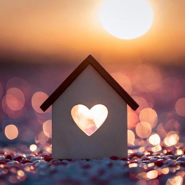 Casa en miniatura con ventana en forma de corazón en el fondo del atardecer Concepto de hogar dulce