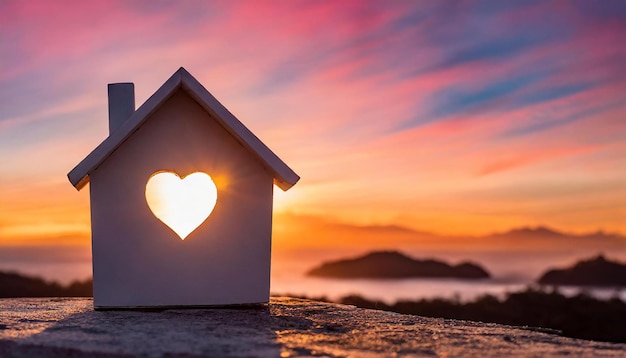 Casa en miniatura con ventana en forma de corazón en el fondo del atardecer Concepto de hogar dulce