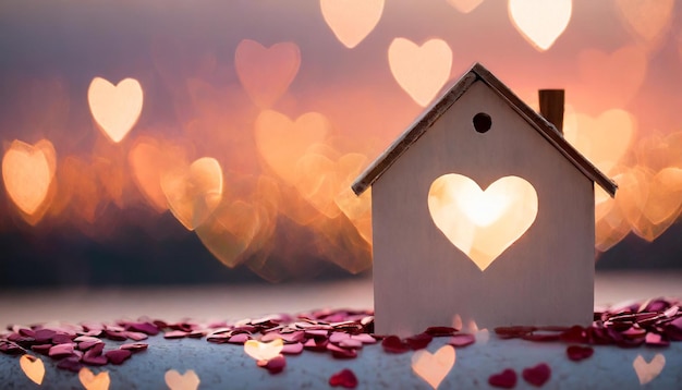 Casa en miniatura con ventana en forma de corazón en el fondo del atardecer Concepto de hogar dulce
