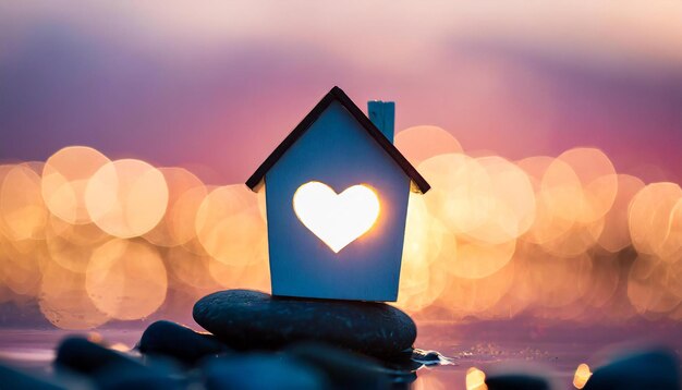 Casa en miniatura con ventana en forma de corazón en el fondo del atardecer Concepto de hogar dulce