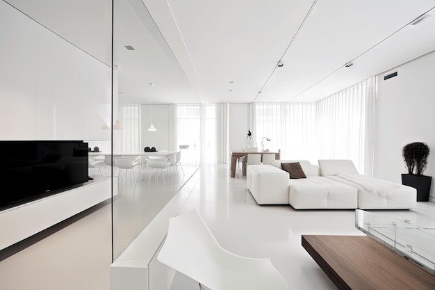 Casa minimalista com design moderno e elegante, com móveis minimalistas e paredes brancas