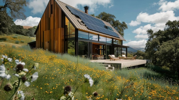 Una casa minimalista construida en una ladera con su techo de metal angular adornado con un mosaico de