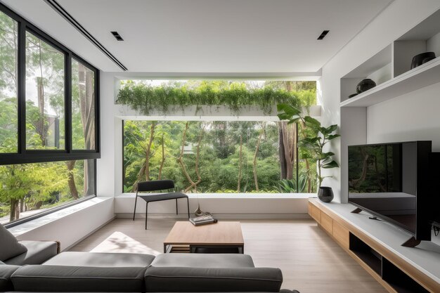 Casa minimalista llena de luz natural y vegetación.