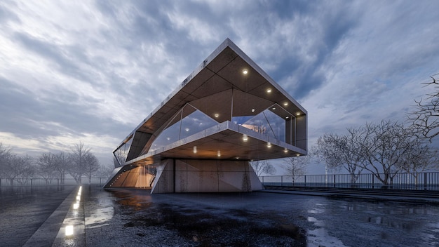 Una casa minimalista moderna y un paisaje natural
