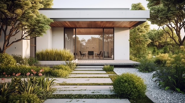 una casa minimalista moderna con un pequeño jardín en el patio