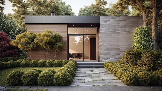 una casa minimalista moderna con un pequeño jardín en el patio