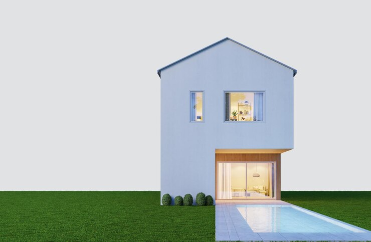 Casa minimalista moderna con piscina y césped aislado en el fondo