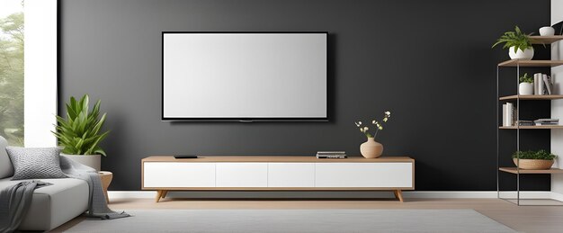 Casa minimalista moderna con vista frontal de TV de pantalla plana