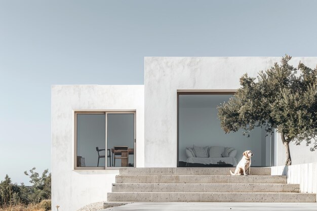 Foto una casa minimalista con un perro sentado en el porche