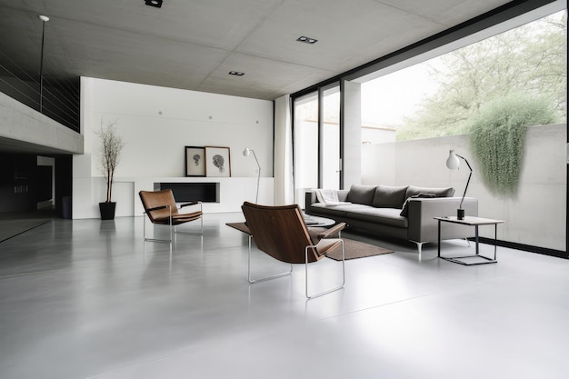 Casa minimalista con pisos de concreto, muebles elegantes y líneas limpias.