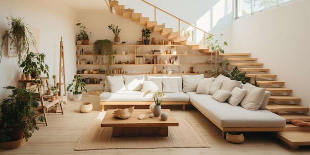 Casa minimalista sin residuos con colores neutros muebles y plantas simples para decoración y purificación del aire