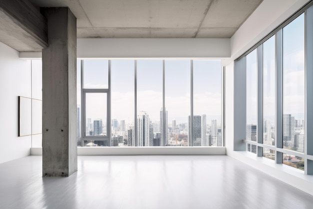 Casa minimalista con vista al bullicioso paisaje urbano fuera de las ventanas