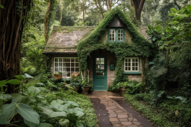 Casa minúscula cercada por vegetação exuberante em um cenário sereno e pacífico criado com ai generativa