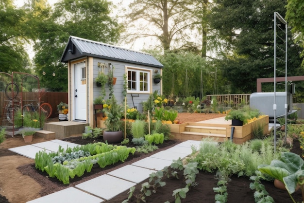 Casa minúscula com jardim de legumes no quintal criado com IA generativa