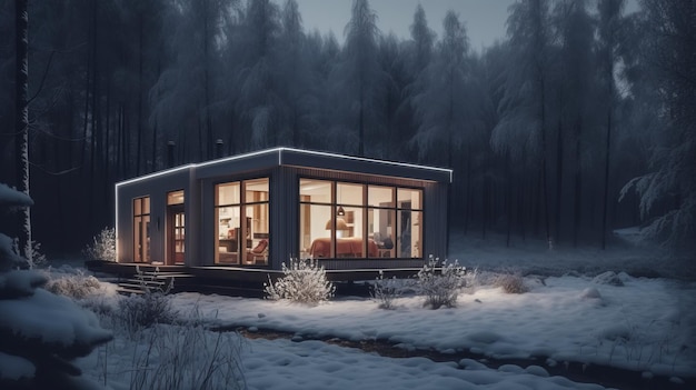 Casa minúscula moderna em barnhouse de floresta de inverno aconchegante Al gerado