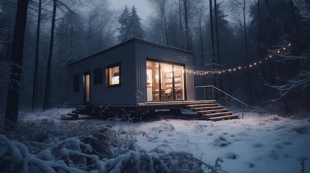 Casa minúscula moderna em barnhouse de floresta de inverno aconchegante Al gerado