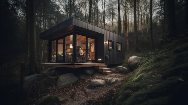 Casa minúscula moderna em barnhouse florestal aconchegante realista Al gerado