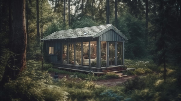 Casa minúscula moderna em barnhouse florestal aconchegante realista Al gerado