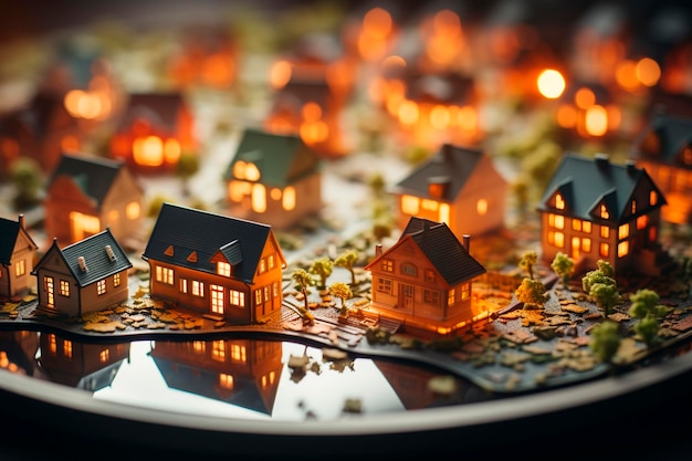 Casa modelo com casas em miniatura em um fundo da noite citygenerative ai