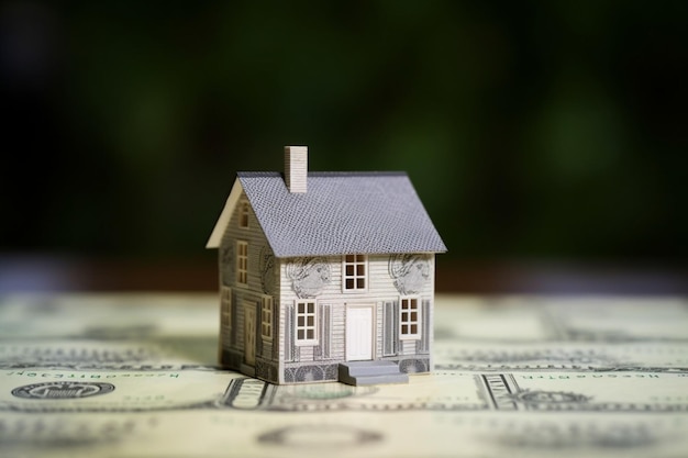 Casa modelo em miniatura em pé sobre uma pilha de notas de dólar