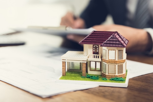 Casa modelo em uma mesa com plantas para um projeto