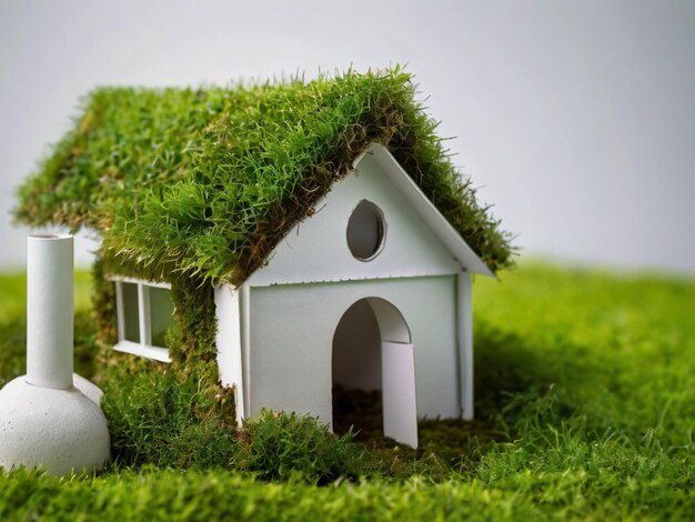 Foto una casa modelo con hierba en el techo y una casa con una puerta que dice un