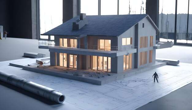 Foto una casa modelo con imagen de planos arquitectónicos para un proyecto de casa residencial