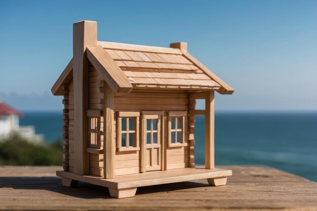 Foto casa modelo de madera junto al mar