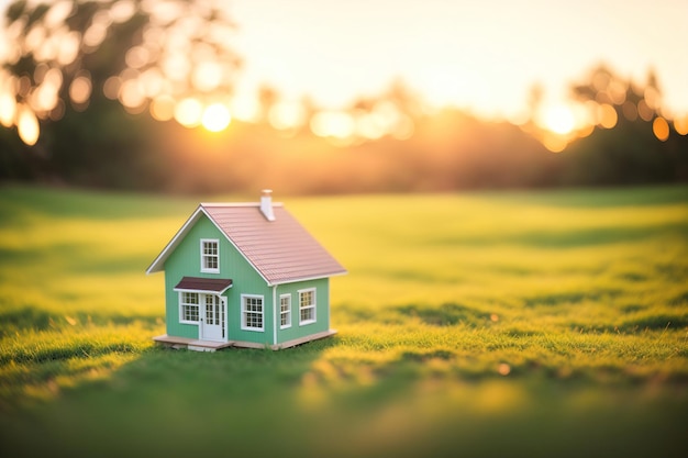 Casa modelo pequena na grama verde com fundo de luz solar IA generativa