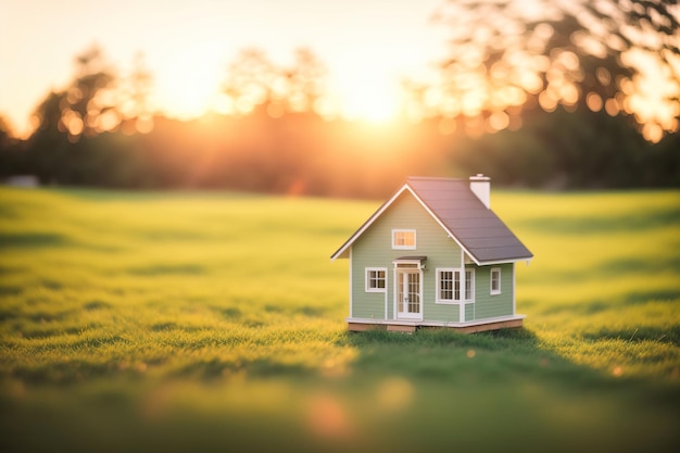 Casa modelo pequeña sobre hierba verde con fondo de luz solar IA generativa