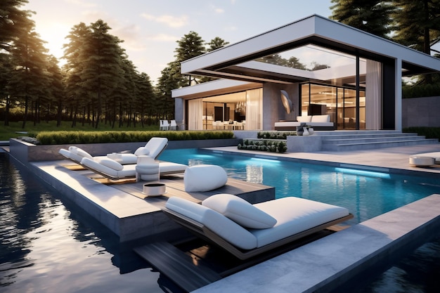 Casa modelo con piscina con cama de día diseño exterior villa de lujo
