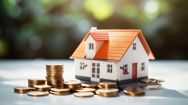 Casa modelo con un techo rojo junto a monedas de oro apiladas contra un fondo borroso con luces bokeh