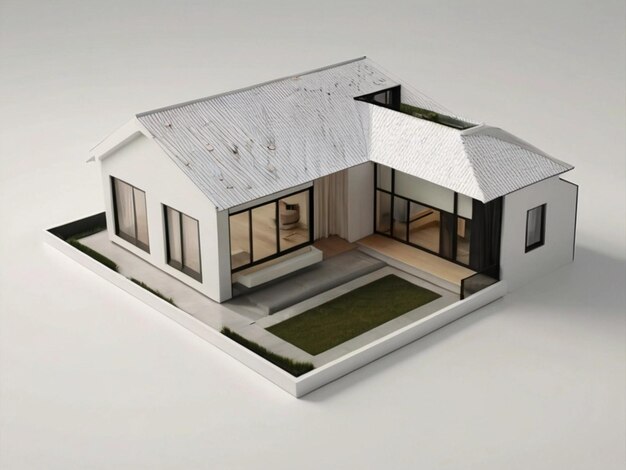 una casa modelo con un techo verde y un techo blanco