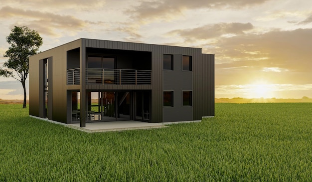 Casa moderna 3d sobre fondo de hierba verde concepto de renderizado 3d para publicidad