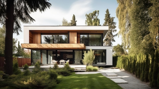 Casa moderna y acogedora con piscina, estacionamiento, grandes ventanales, hermoso diseño paisajístico.