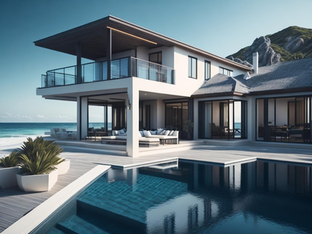 Una casa moderna y acogedora con una piscina de estilo lujoso y un paisaje hermoso como telón de fondo un claro día de verano soleado con cielo azul