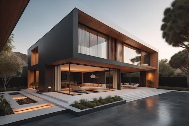 casa moderna aconchegante com piscina e estacionamento estilo luxuoso e bela paisagismo em fundo ai generativo