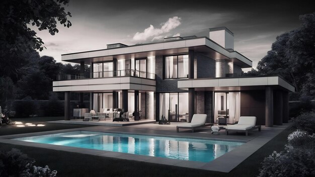 Casa moderna aconchegante com piscina e estacionamento para venda ou aluguel em estilo luxuoso cores preto e branco