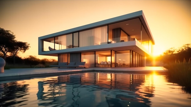 Una casa moderna al atardecer con piscina.