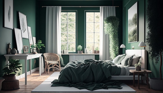 Una casa moderna al fondo con un acogedor dormitorio verde con muebles blancos y mesas de madera natural AI generativex9